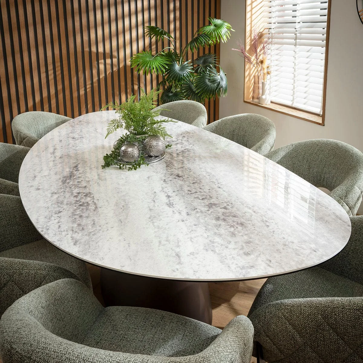 Large Contemporary Oval Dining Table and Chairs 8 Seater Set Green & Grey Ceramic – image 3