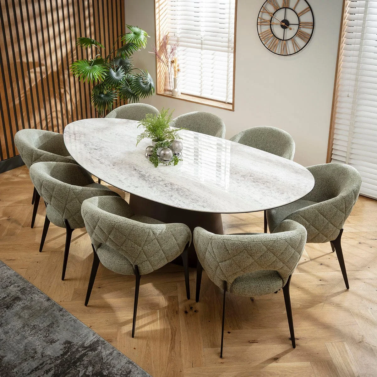 Large Contemporary Oval Dining Table and Chairs 8 Seater Set Green & Grey Ceramic – image 1