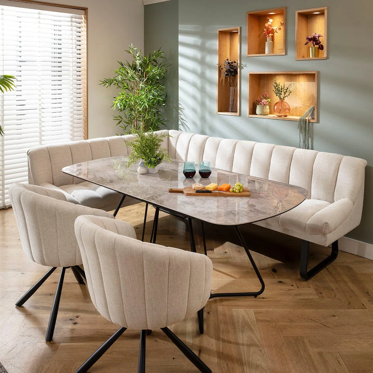 Modern 7 Seater Extendable Corner Bench Dining Set Stone & Grey Ceramic R2 – image 2