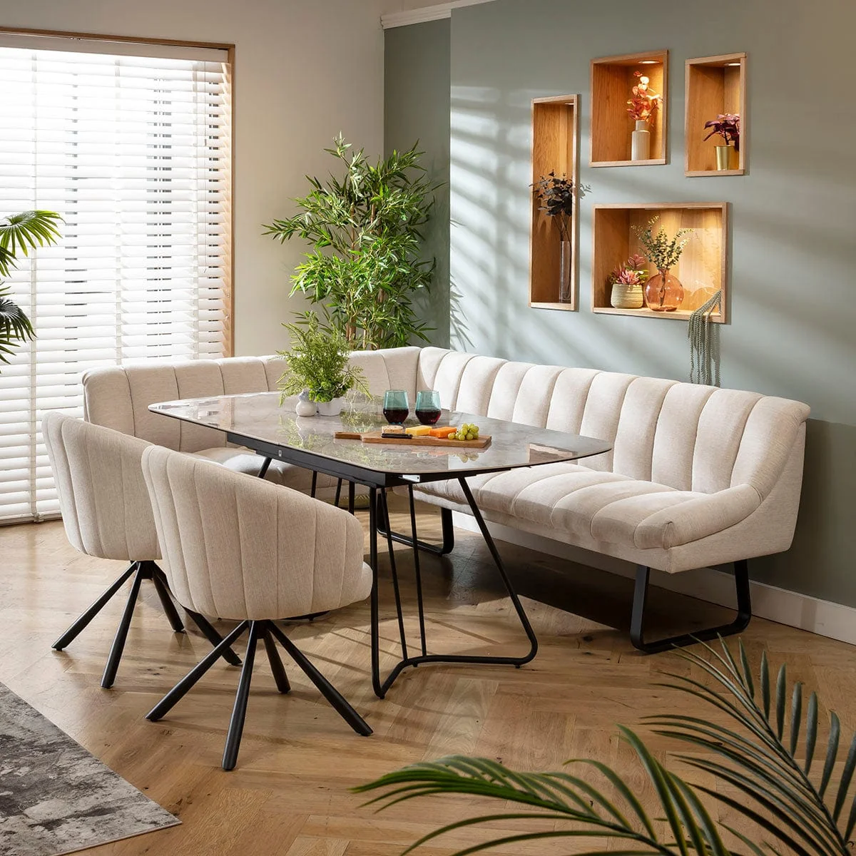 Modern 7 Seater Extendable Corner Bench Dining Set Stone & Grey Ceramic R2 – image 5