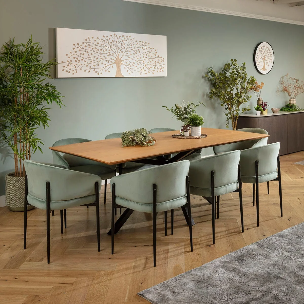 Modern 8 Seater Dining Table and Chairs Set Green Velvet Light Oak – image 2