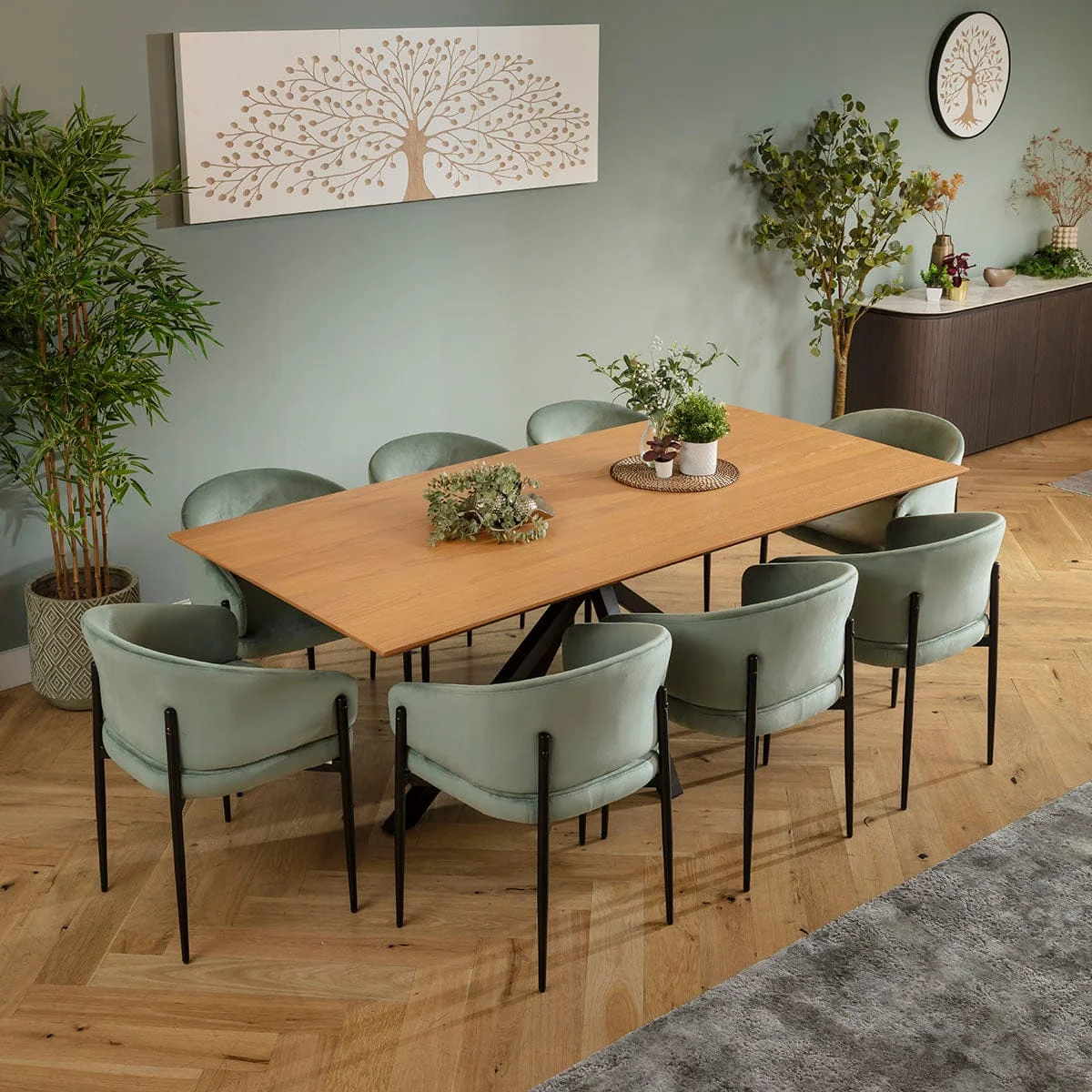 Modern 8 Seater Dining Table and Chairs Set Green Velvet Light Oak – image 1