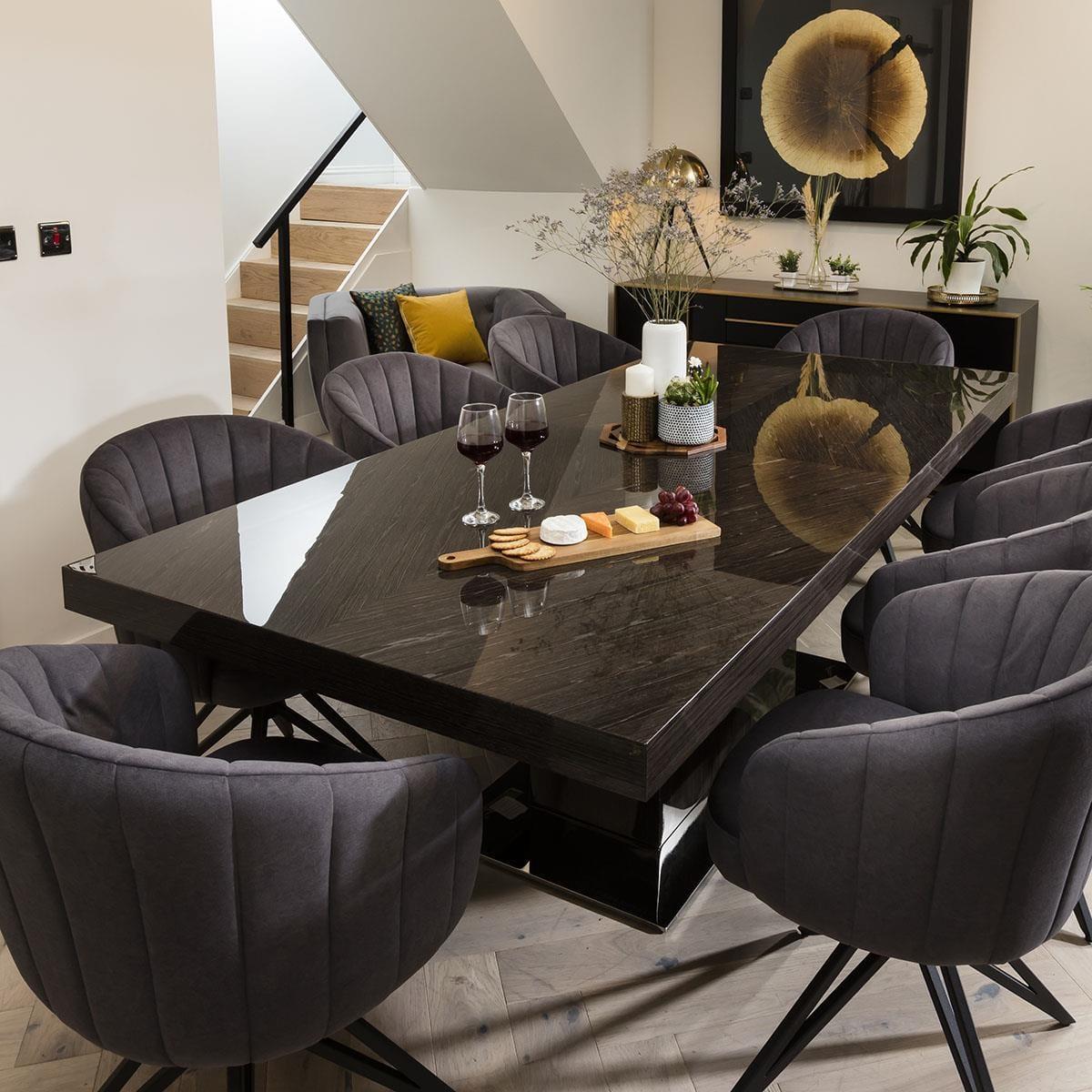 Large 8 Seater Large Gloss Grey Oak Dining Table and Luxury Swivel Chairs – image 2