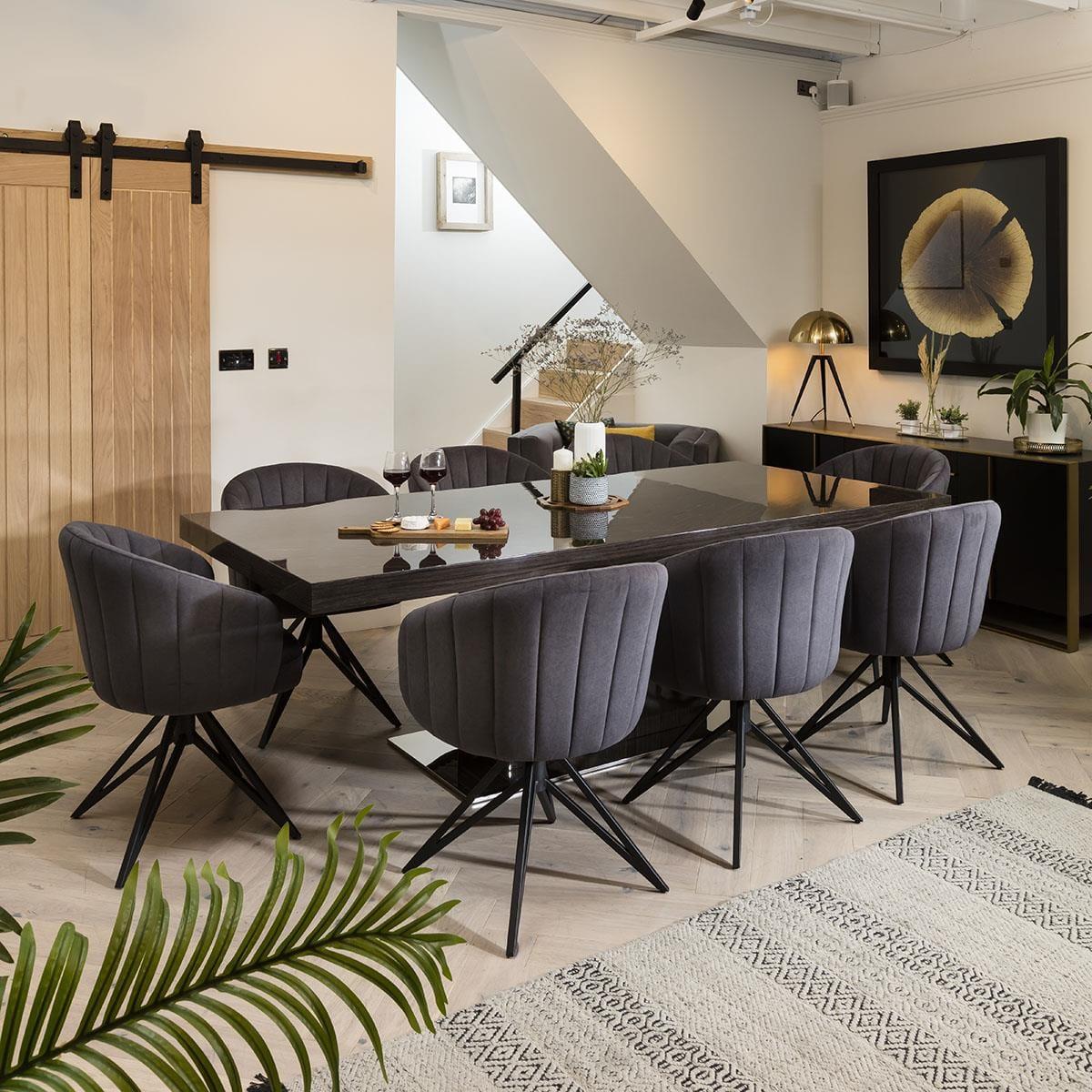 Large 8 Seater Large Gloss Grey Oak Dining Table and Luxury Swivel Chairs – image 4