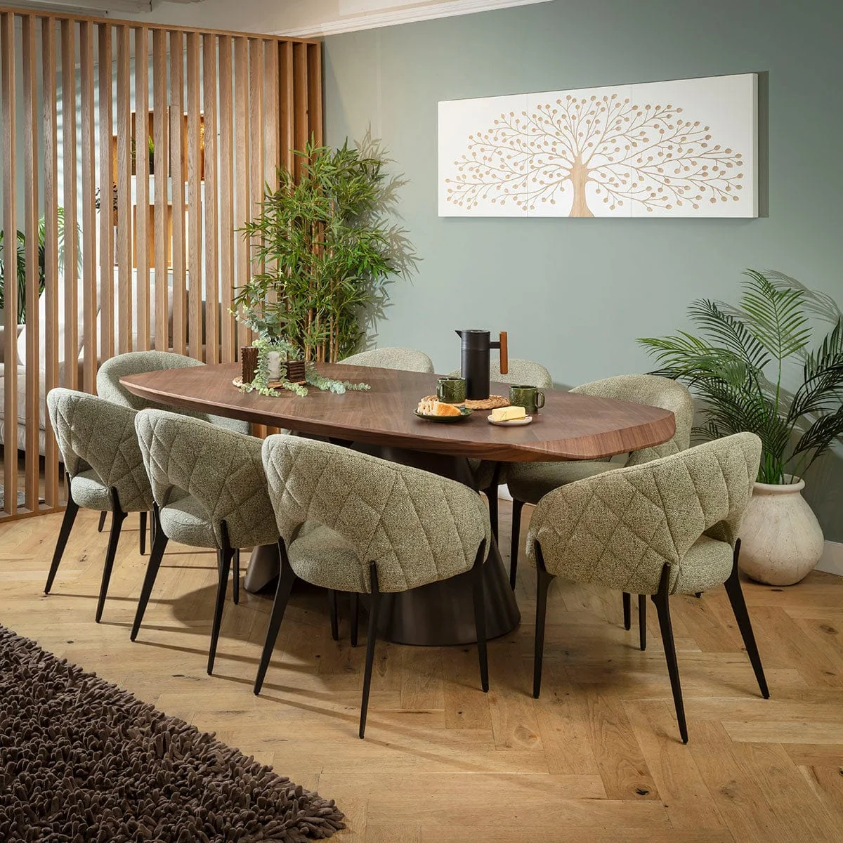 Large Modern 8 Seater Dining Table and Chairs Set Green Walnut Wood – image 2