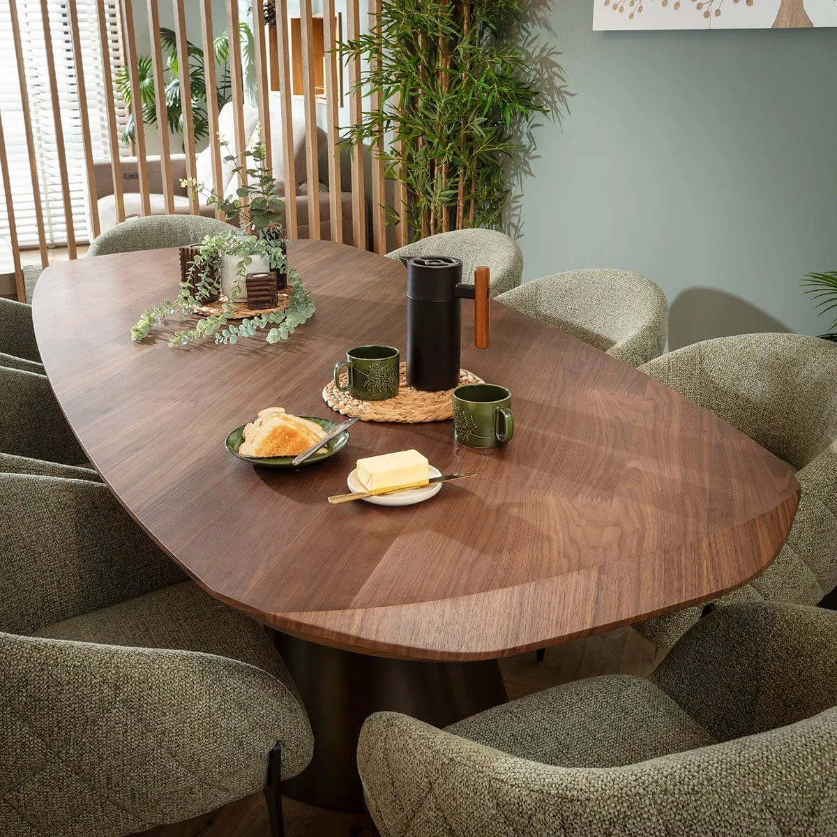 Large Modern 8 Seater Dining Table and Chairs Set Green Walnut Wood – image 3