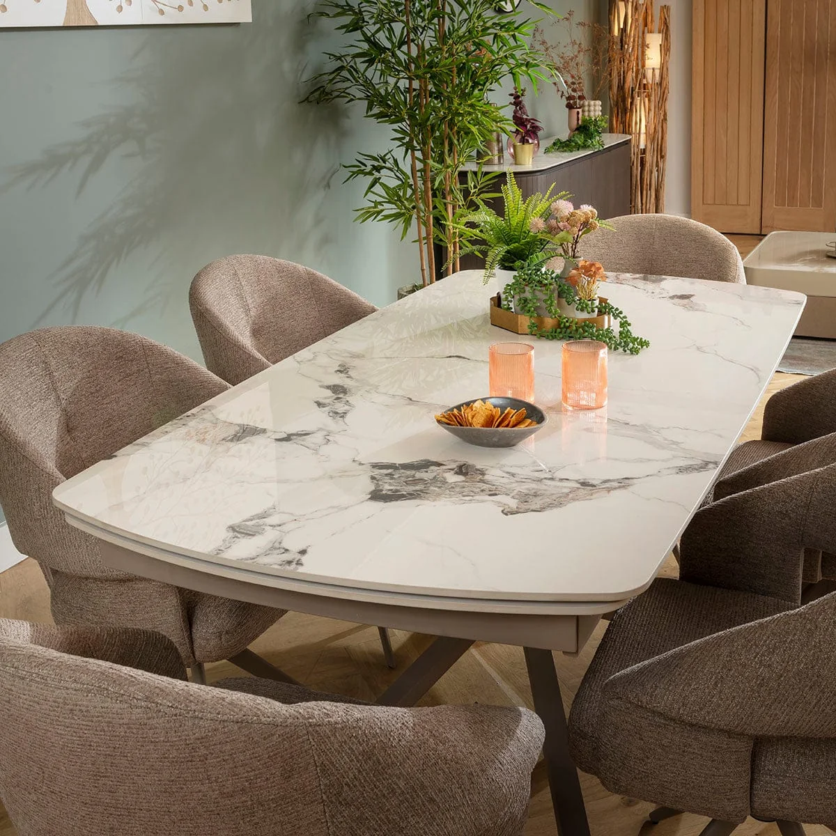 Modern 6 Seater Extendable Dining Table and Chairs Set Beige White Ceramic – image 2