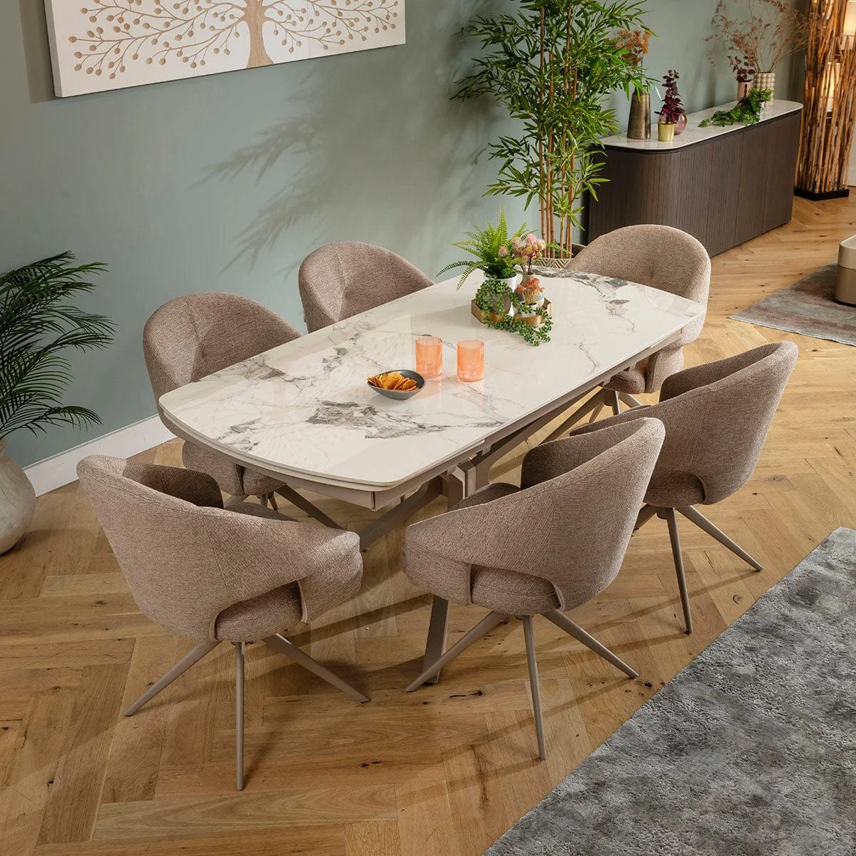 Modern 6 Seater Extendable Dining Table and Chairs Set Beige White Ceramic – image 5