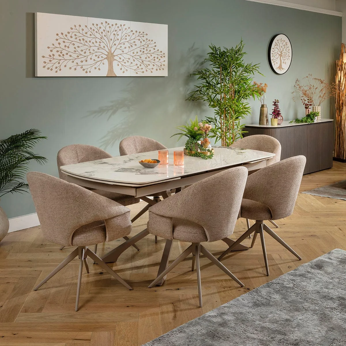 Modern 6 Seater Extendable Dining Table and Chairs Set Beige White Ceramic – image 1