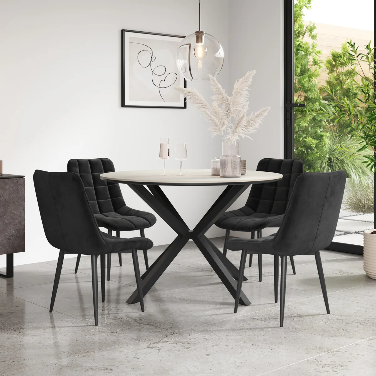 Calne White Marble Table W Blk Leg+ Nova Velvet Dining Chair Set Of 4 - Black – image 1