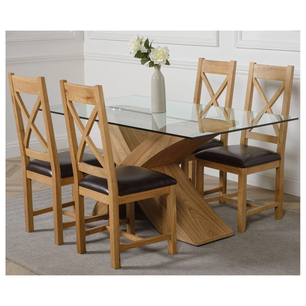 Valencia 160 cm x 90 cm Glass Dining Table and 4 Chairs with Berkeley Brown Leather Chairs - Brown – image 15