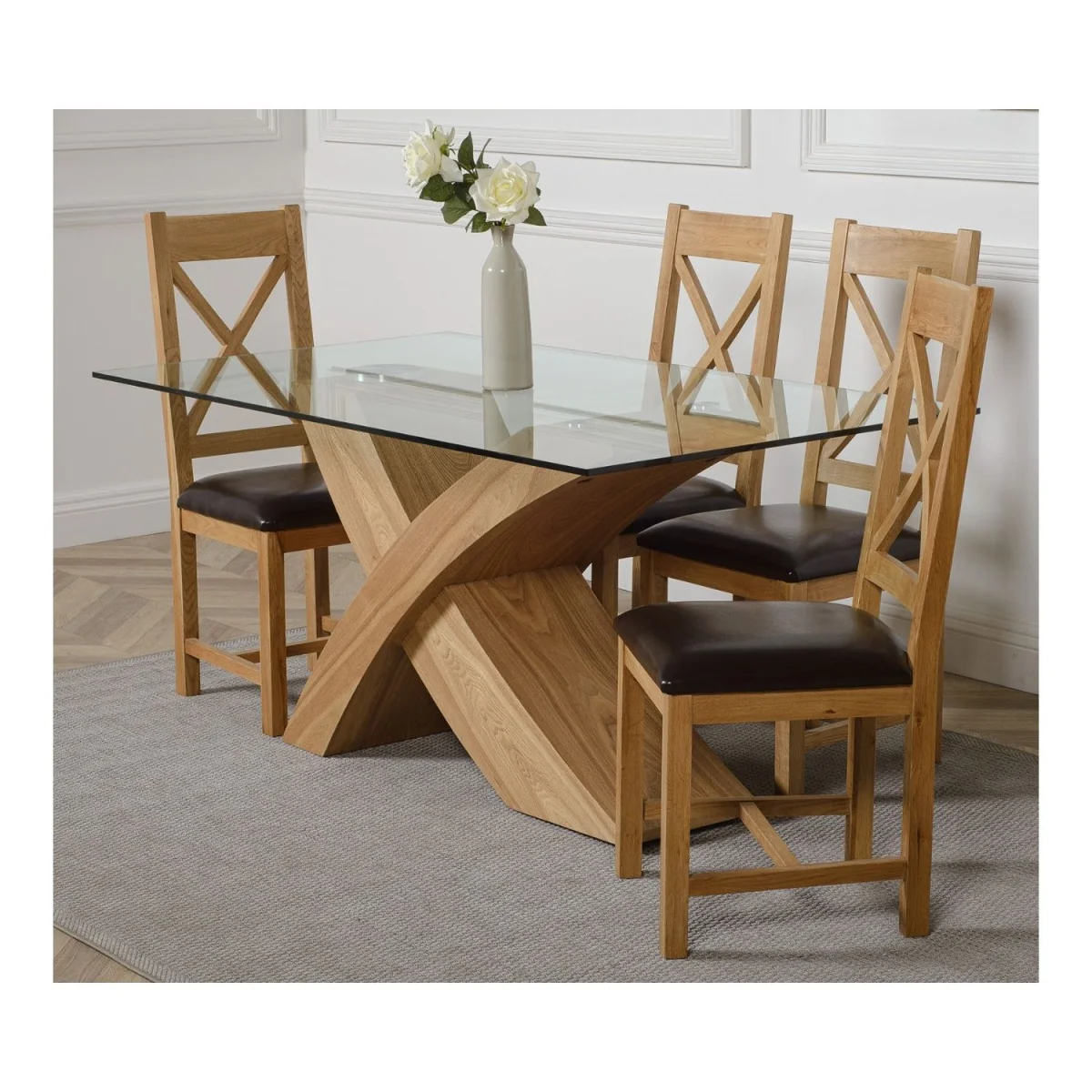 Valencia 160 cm x 90 cm Glass Dining Table and 4 Chairs with Berkeley Brown Leather Chairs - Brown – image 17