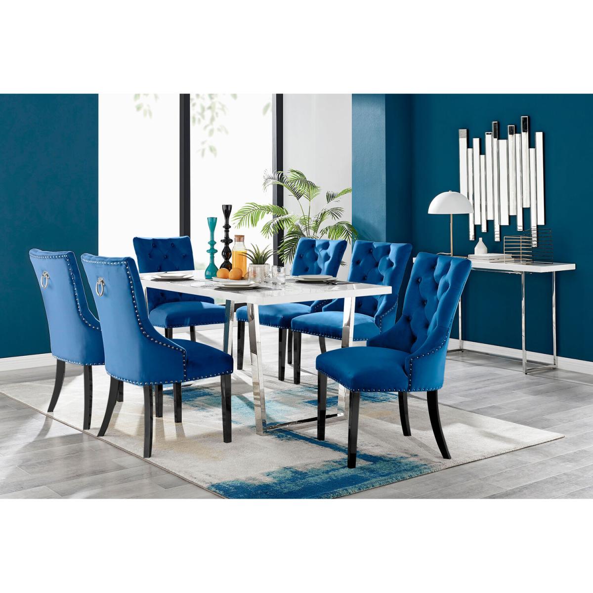 Kylo White High Gloss Dining Table 6 Belgravia Black Leg Chairs - Blue – image 13