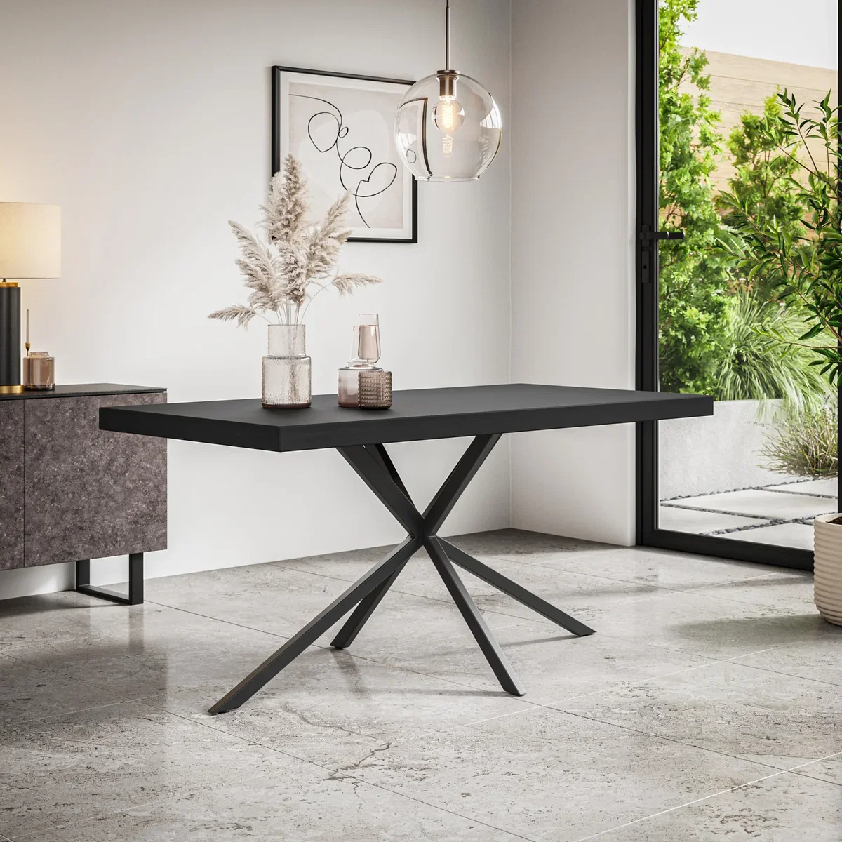 Donni Black Top Rectangle Dining Table and 4 Raye Velvet Chairs - Green - Green – image 3