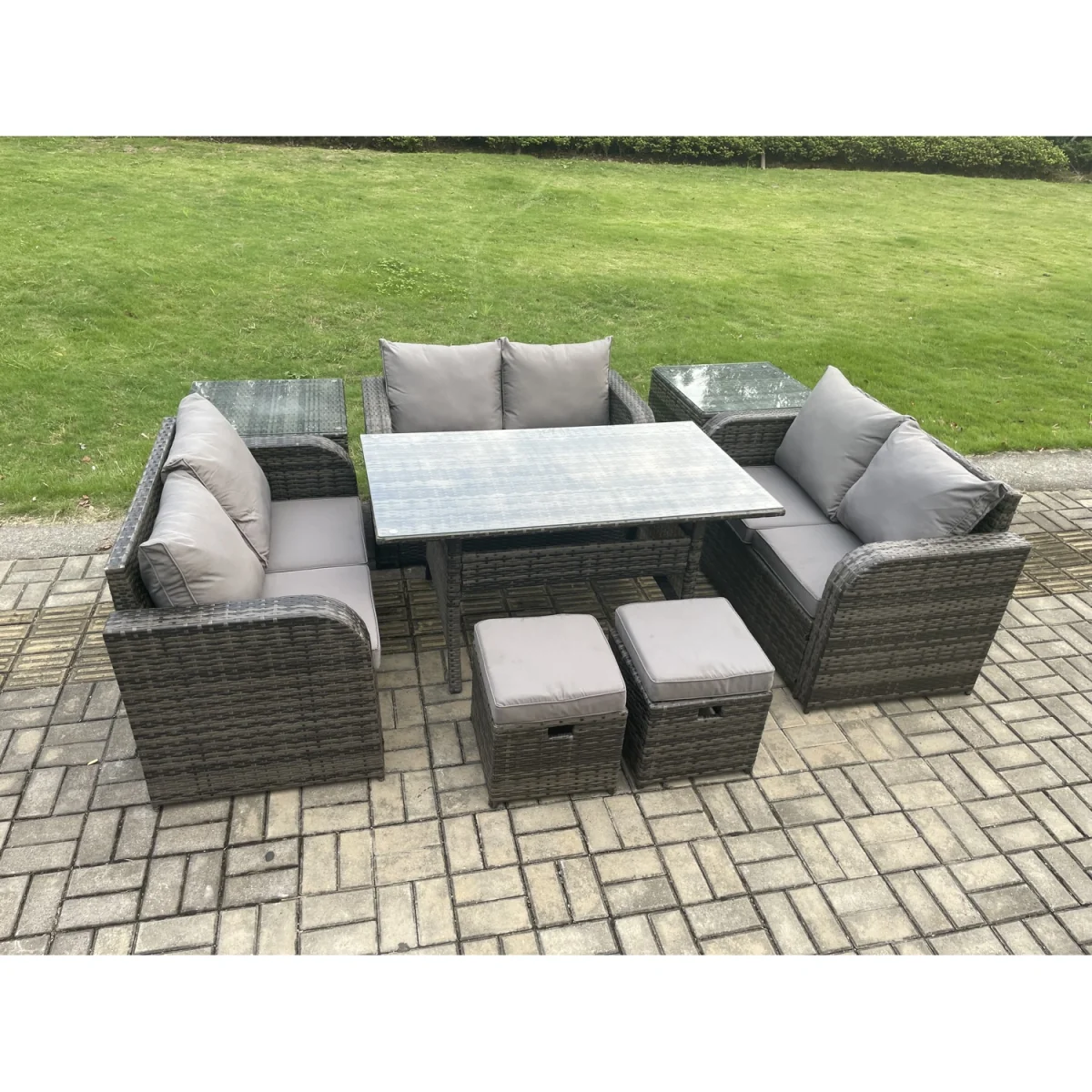 Fimous 8-Seater Rattan Patio Dining Set with Love Sofa & 2 Side Tables - Dark Grey – image 3