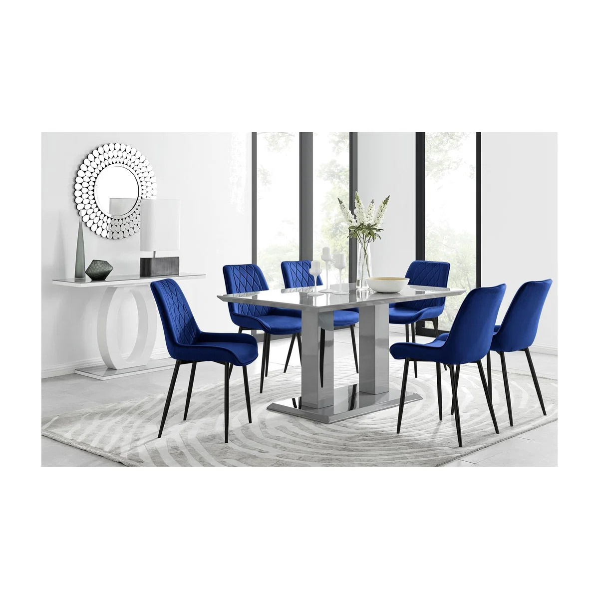 Imperia 6 Grey Dining Table and 6 Pesaro Black Leg Chairs - Blue – image 1