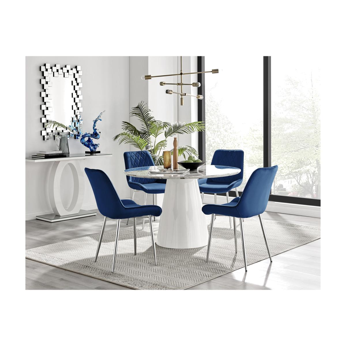 Palma White Marble Effect Round Dining Table Pesaro Silver Leg Chairs - Blue / Dining Table & 4 Chairs – image 1