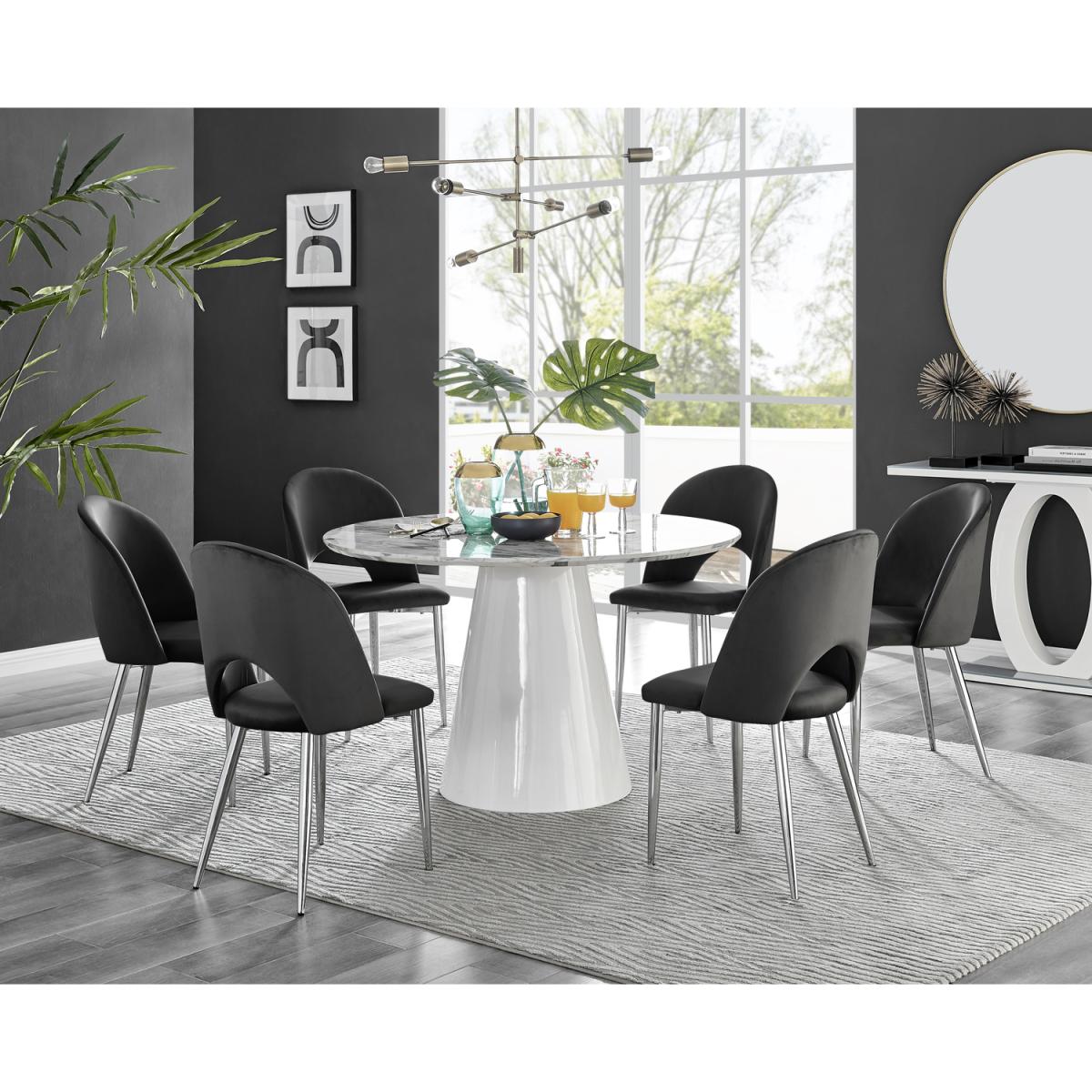Palma White Marble Effect Dining Table and 6 Arlon Silver Leg Chairs - White – image 2