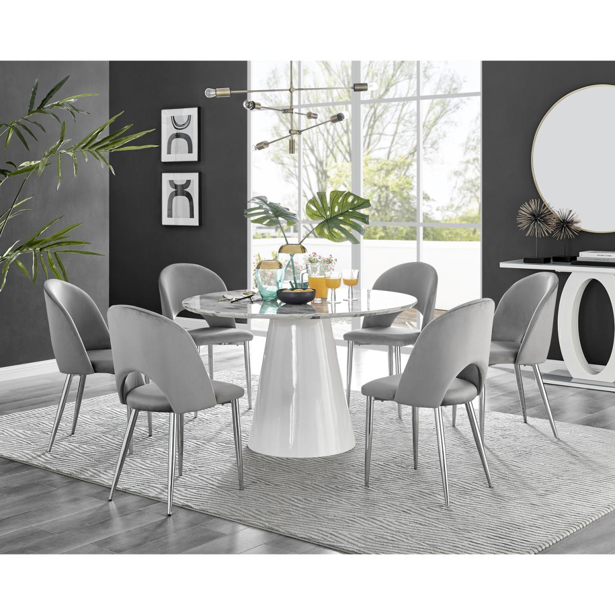 Palma White Marble Effect Dining Table and 6 Arlon Silver Leg Chairs - White – image 13