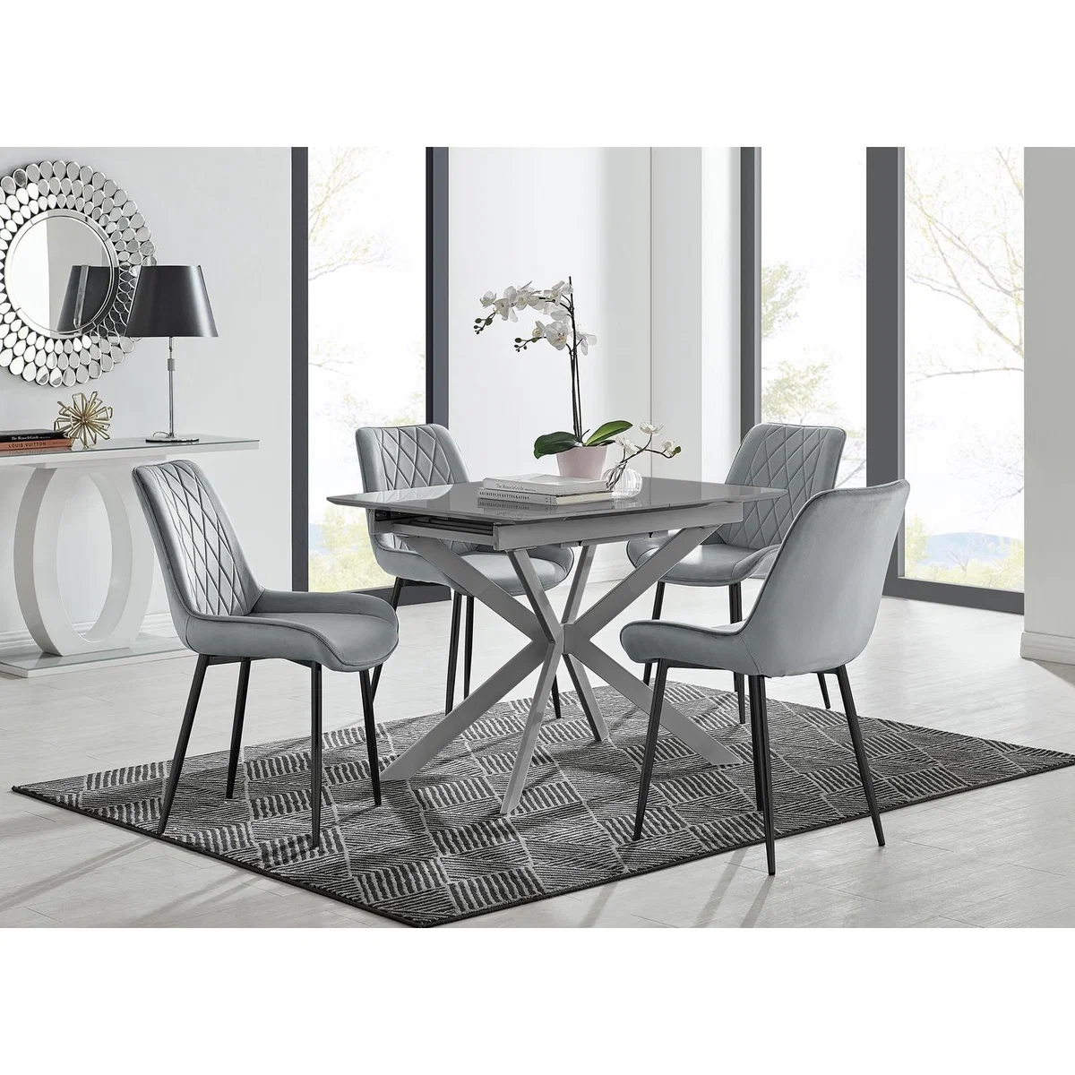 Lira 100cm Grey Metal Extending Dining Table 4 Pesaro Black Leg Chairs - Cream – image 2