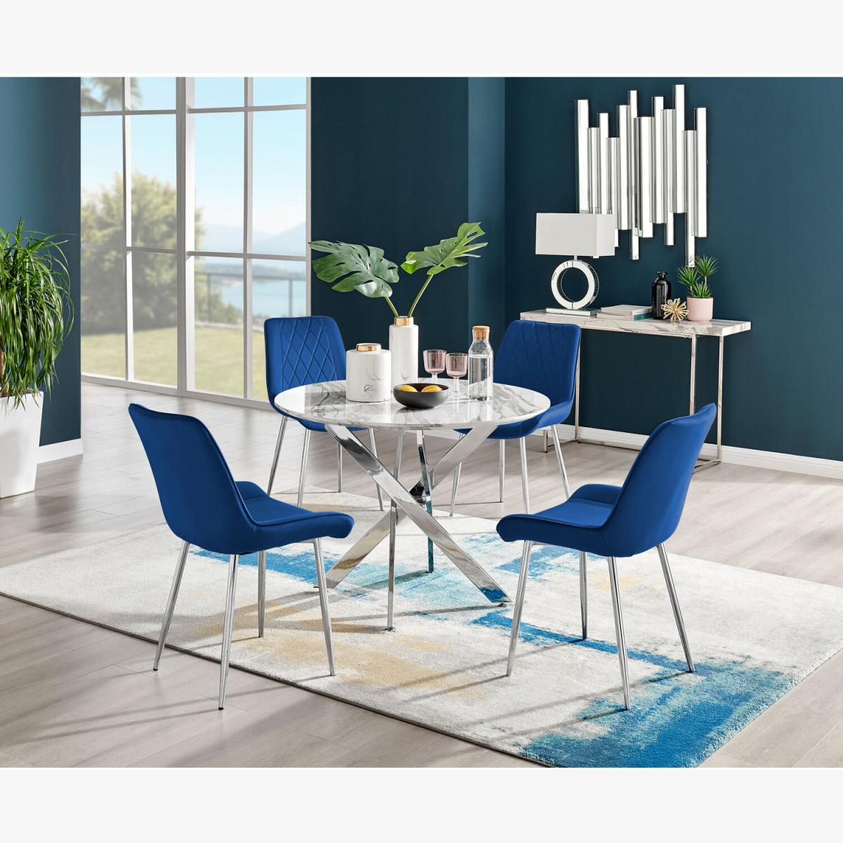 Novara White Marble Effect Dining Table and 4 Pesaro Silver Chairs - Navy – image 1
