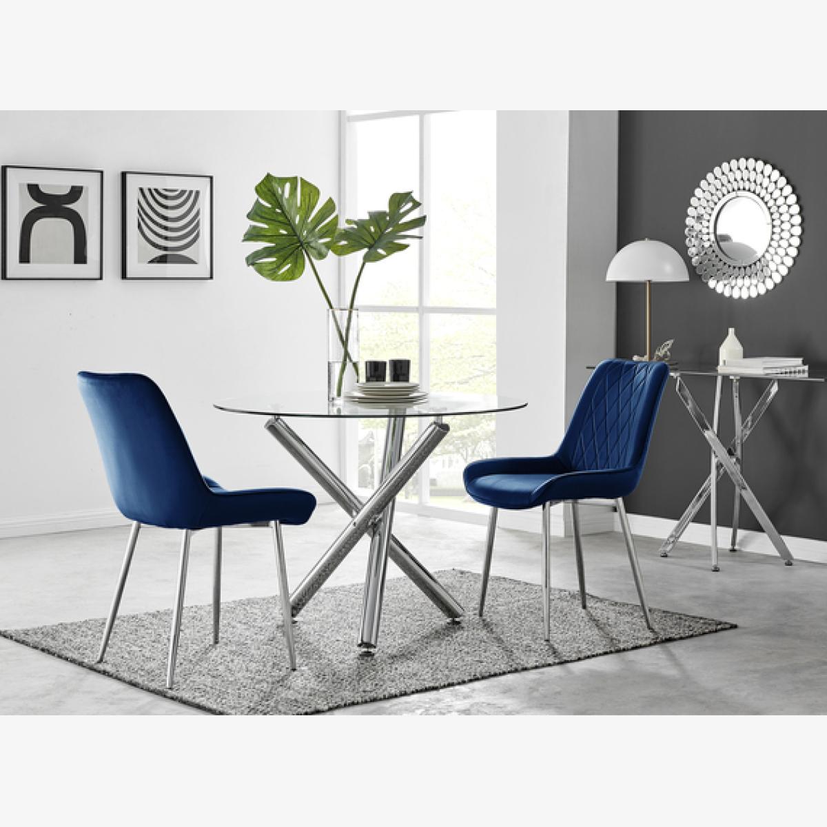 Selina Round Dining Table with Two Pesaro Silver Leg Chairs - Navy – image 1