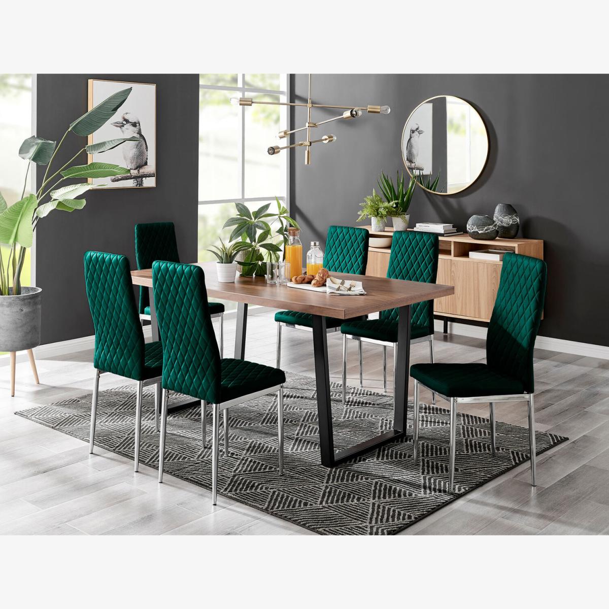 Kylo Brown Wood Effect Dining Table and 6 Velvet Milan Chairs - Green