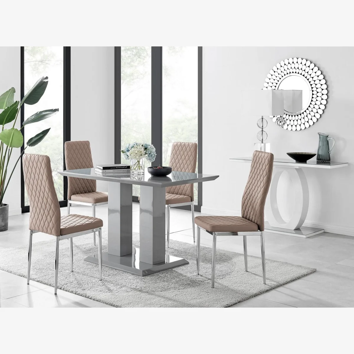 Furniturebox UK Imperia 4 Modern Grey High Gloss Dining Table And 4 Modern Milan Chairs Set - Cappuccino – image 1