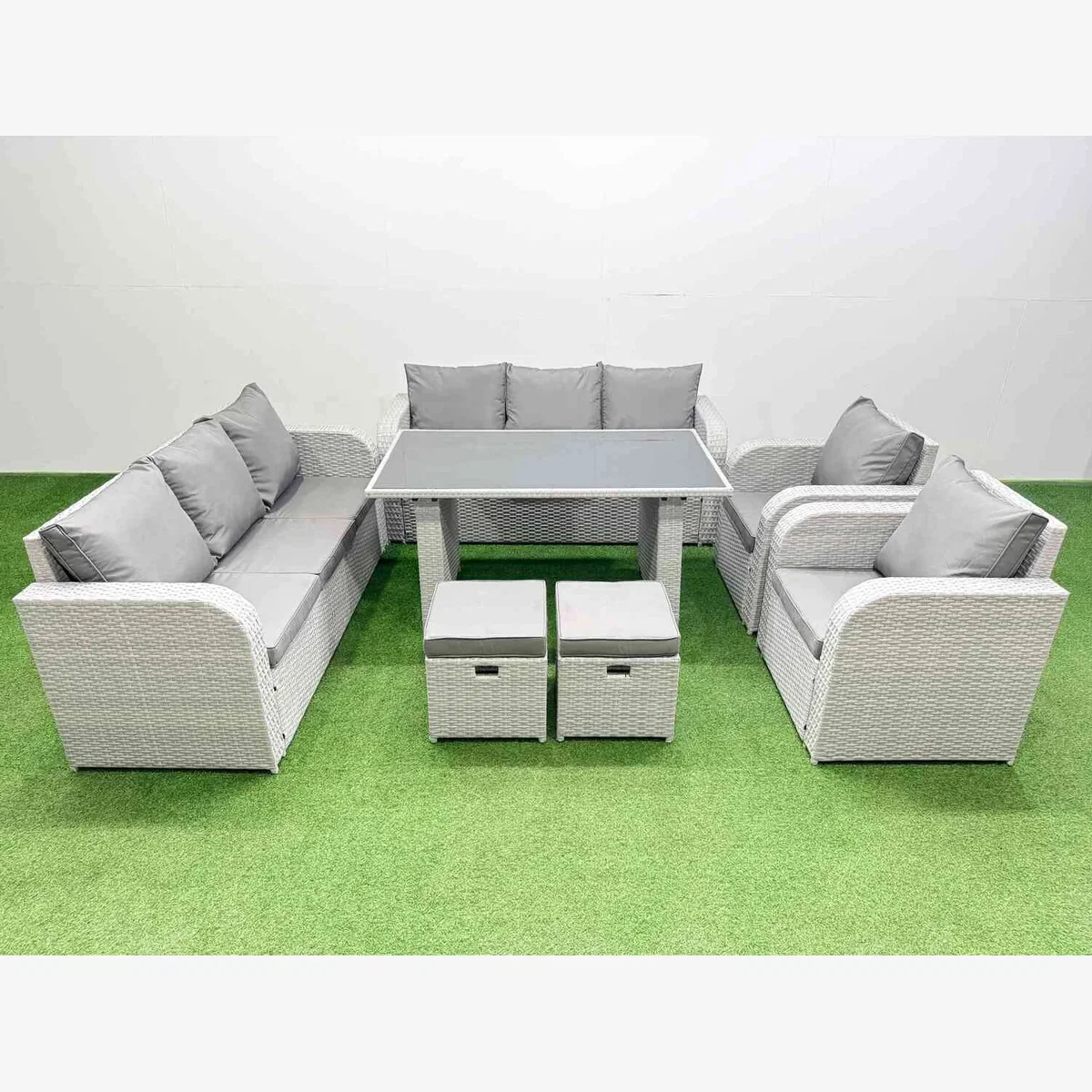 Fimous 10-Seater PE Rattan Dining Set with Recliners, Glass Table Light Grey - Light Grey – image 1