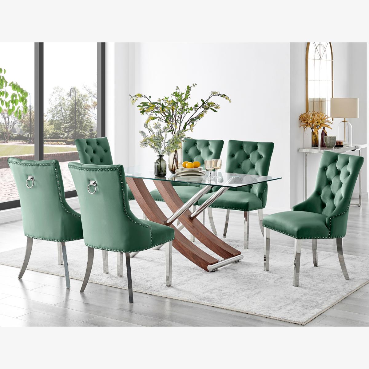 Mayfair Glass and Brown Wood Effect Dining Table 6 Belgravia Chairs - Green