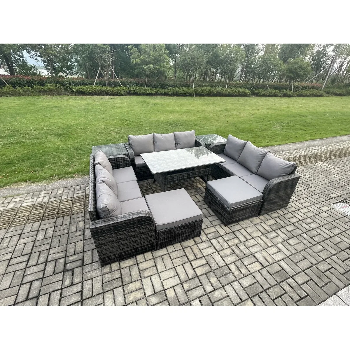 Fimous Rattan Sofa Dining Set with 2 Side Tables & Footstools - Dark Grey – image 3