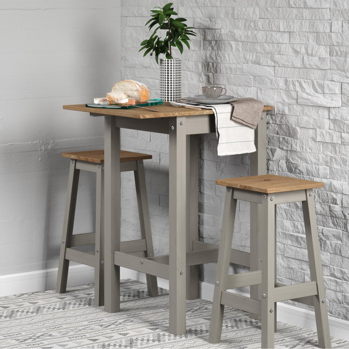 Linea grey drop leaf breakfast table and 2 high stools set  - Grey washed wax & antique wax – image 6