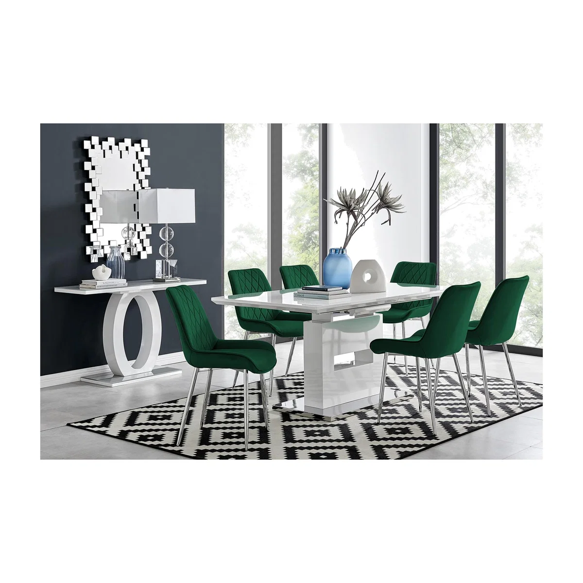 Arezzo Large Extending Dining Table 6 Pesaro Silver Leg Chairs - Green – image 1