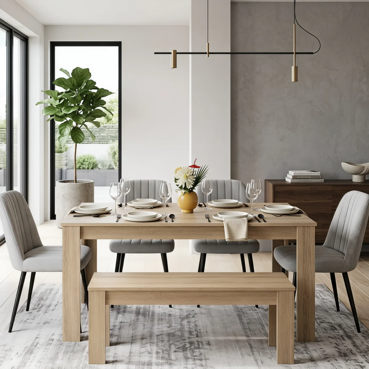Oak Effect Dining Table & Bench Set with 4 Grey Fabric Dining Chairs - Brown