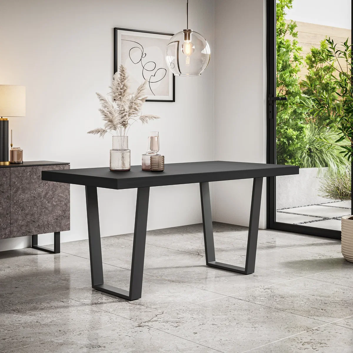 Aria Black Top Rectangle Dining Table and 4 Raye Velvet Chairs - Beige - Green – image 2