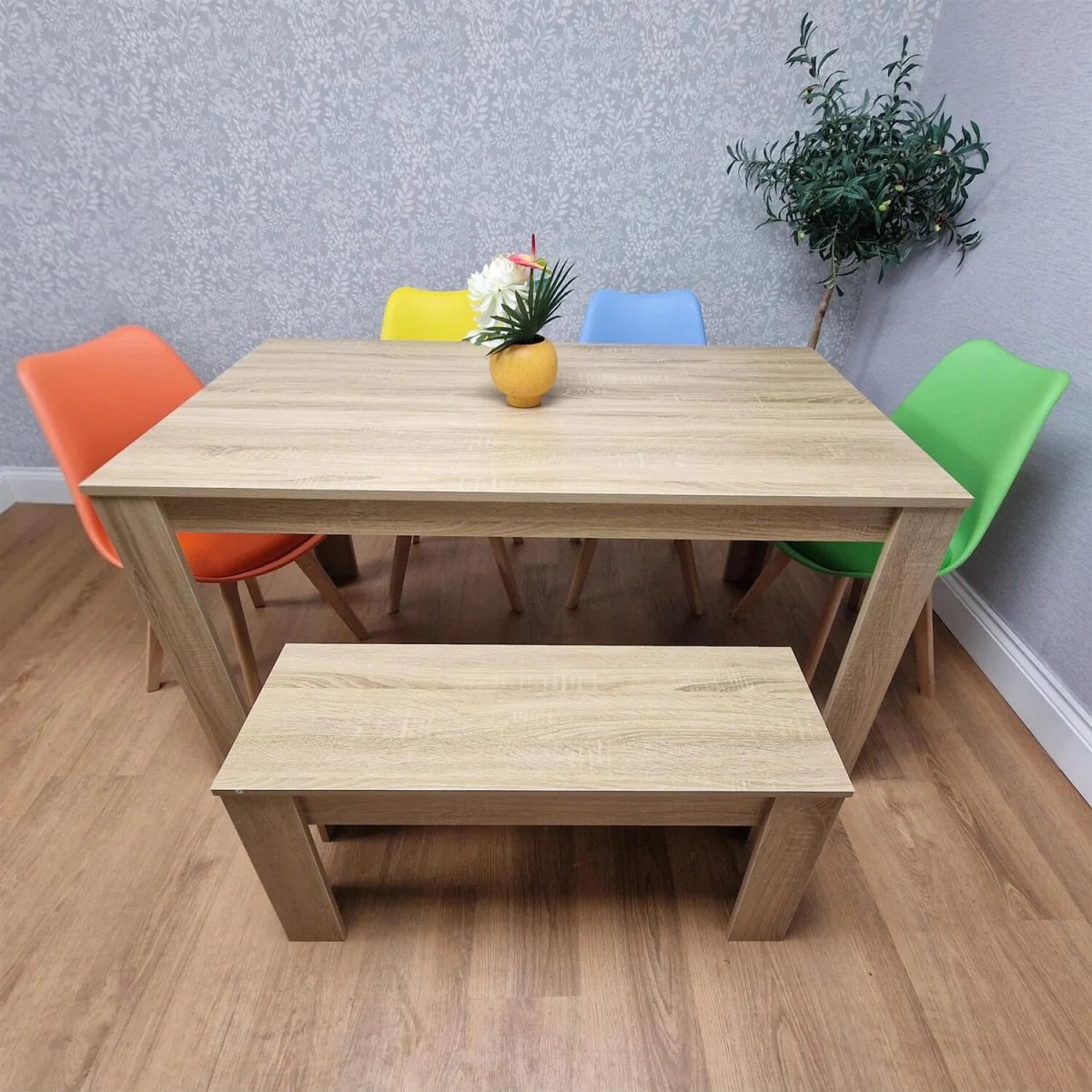 Oak Effect Dining Table Set With 4 Mix Plastic Chairs And Bench Dining Room Furniture - Brown – image 3