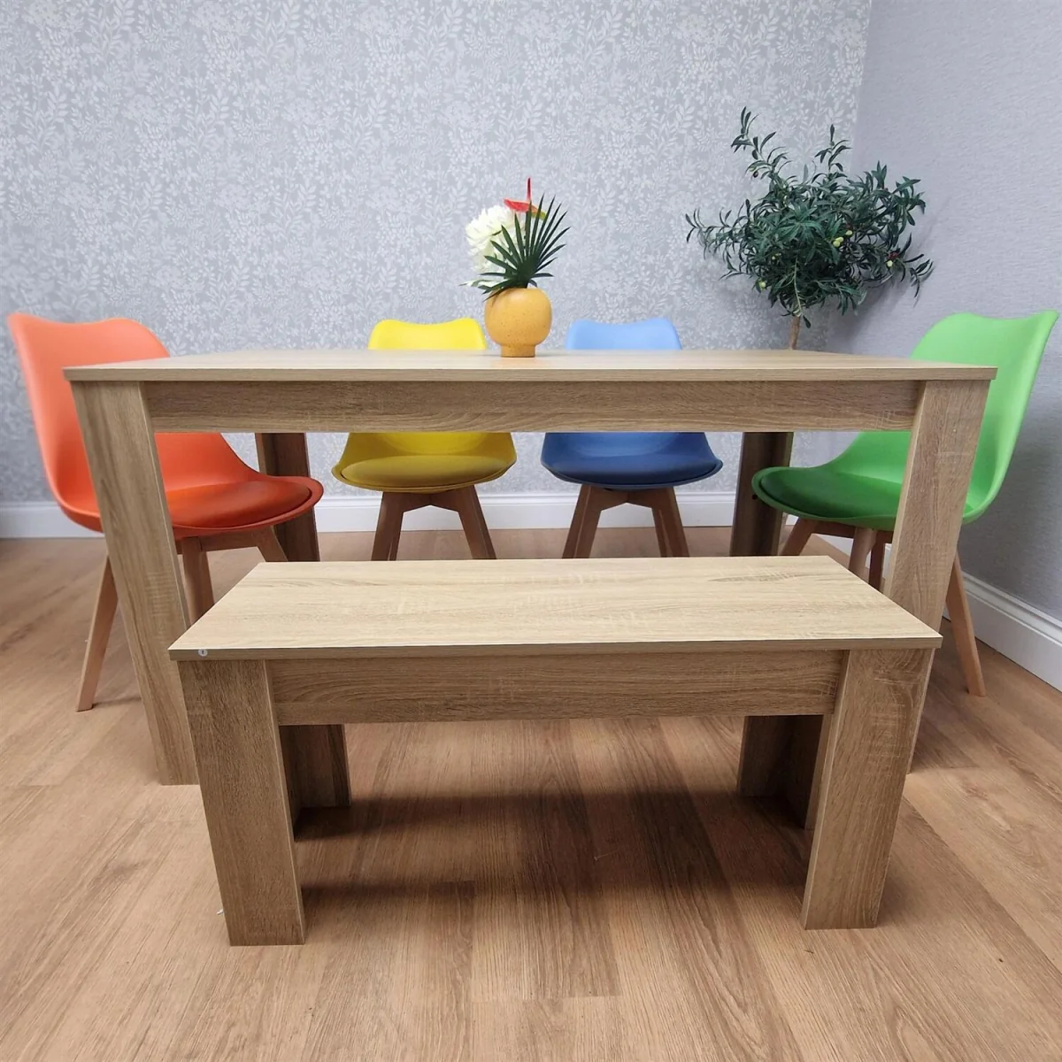 Oak Effect Dining Table Set With 4 Mix Plastic Chairs And Bench Dining Room Furniture - Brown – image 4