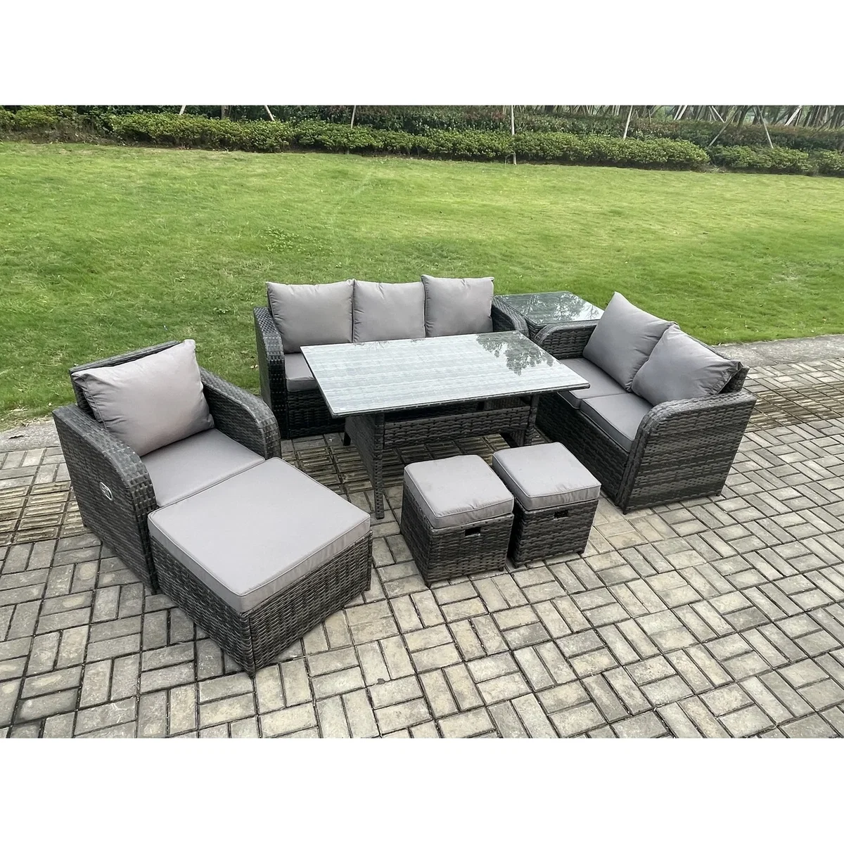 Fimous 8-Piece Rattan Patio Dining Set with Sofa & Side Table - Dark Grey – image 3