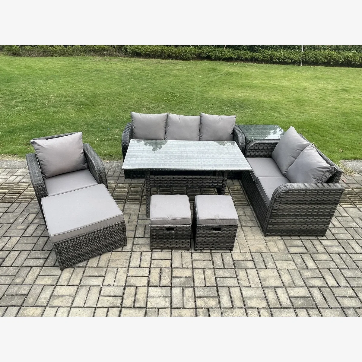Fimous 8-Piece Rattan Patio Dining Set with Sofa & Side Table - Dark Grey – image 1