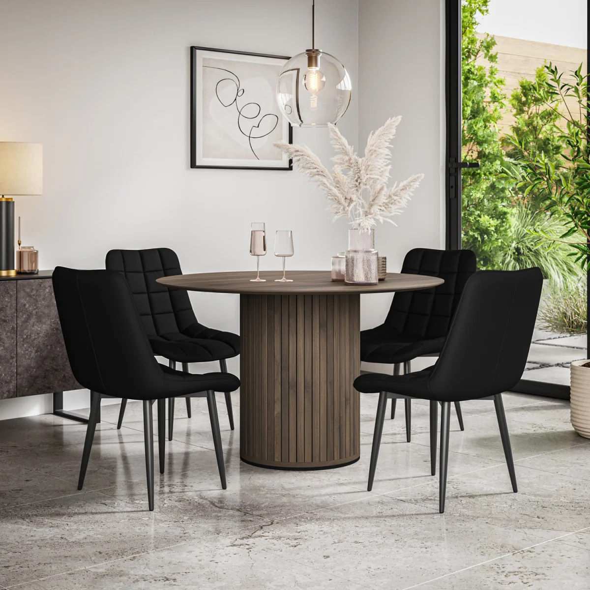 Furniture Online Arlo Walnut Table Top W Walnut Legs + Nova Faux Leather Dining Chair Set Of 4 - Black – image 1