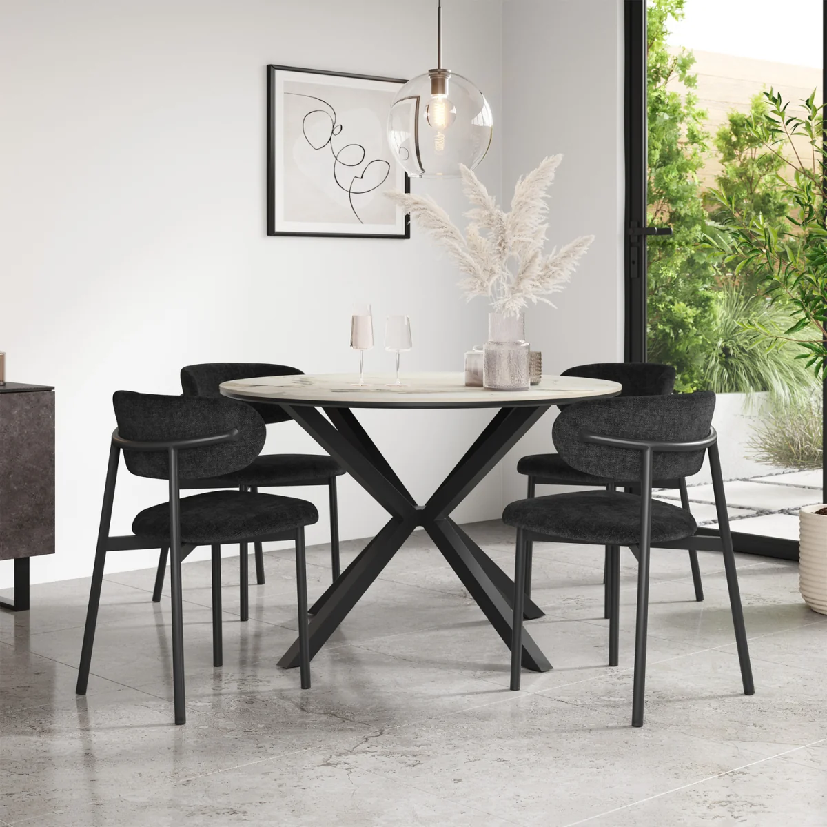 Calne Calcutta Gold Table W Blk Leg+ Myla Linen Dining Chair Set Of 4 - Grey – image 13