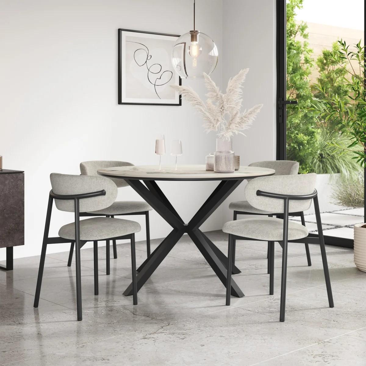 Calne Calcutta Gold Table W Blk Leg+ Myla Linen Dining Chair Set Of 4 - Grey – image 9