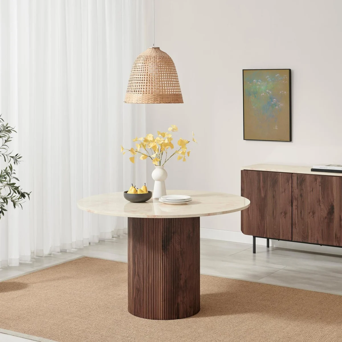 Penrose Round Marble & Walnut Effect Dining Table w 4 Braxton Chairs - Cream – image 3