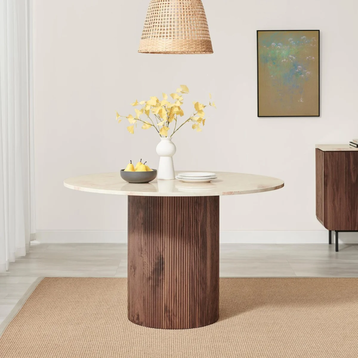 Penrose Round Marble & Walnut Effect Dining Table w 4 Braxton Chairs - Cream – image 4