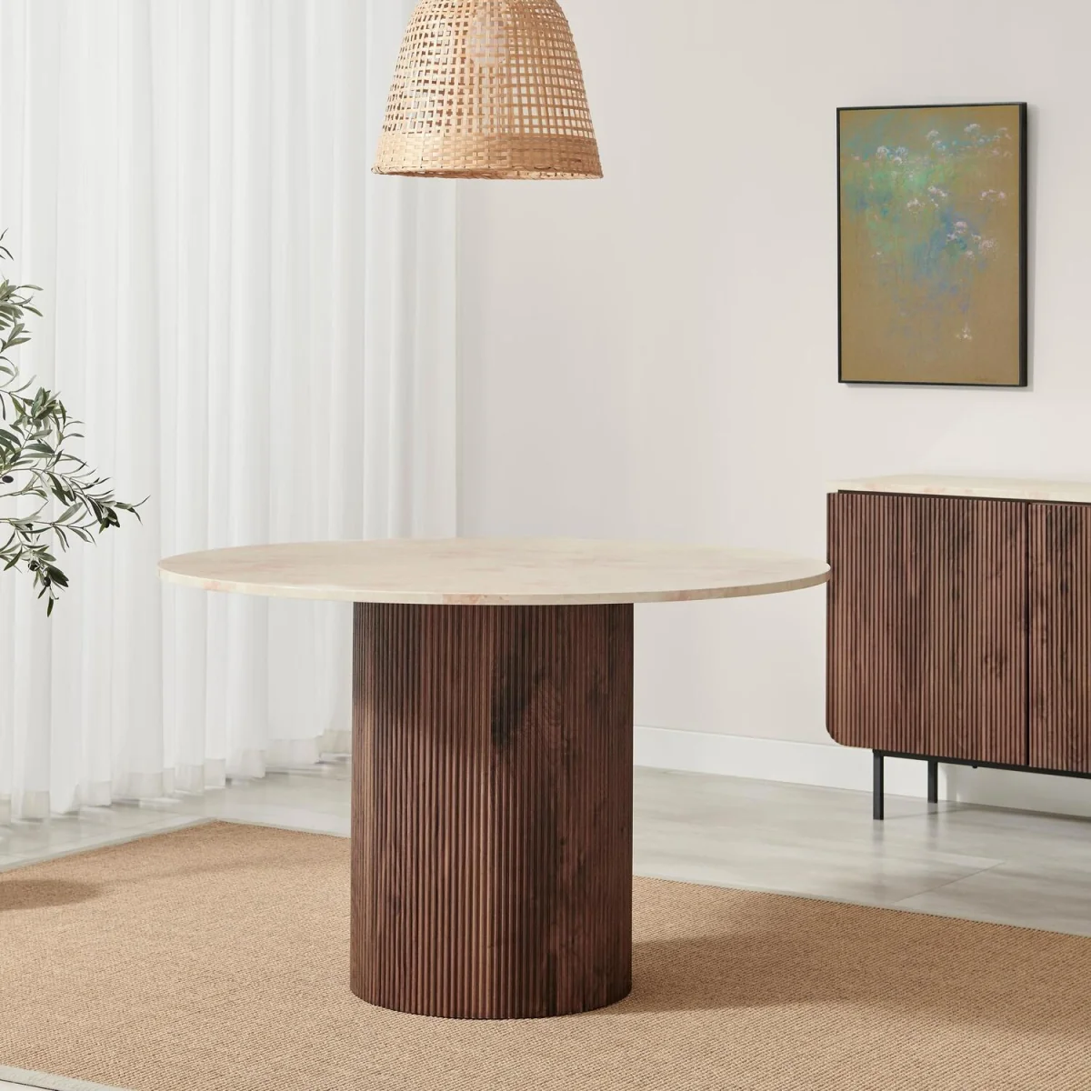 Penrose Round Marble & Walnut Effect Dining Table w 4 Braxton Chairs - Cream – image 5