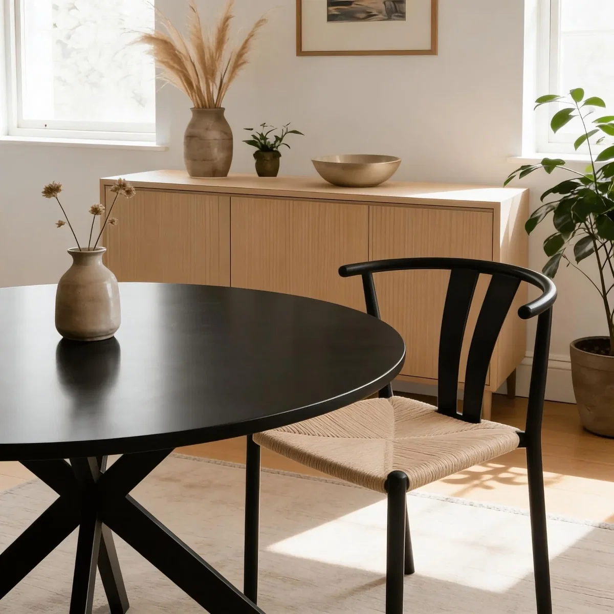 Eira Metal Cross Pedestal Round Dining Table with Black Metal Chairs - Black & Natural – image 2