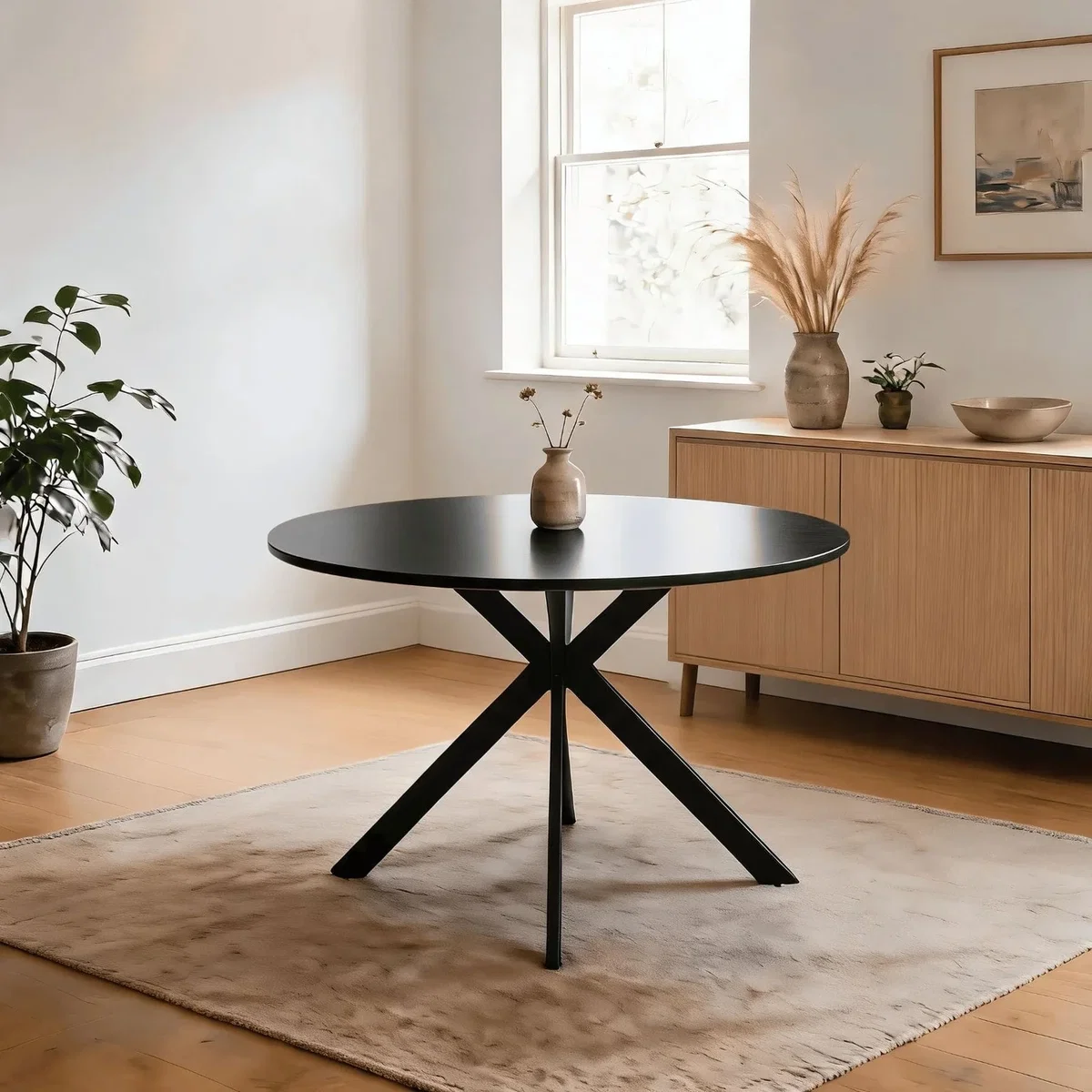 Eira Metal Cross Pedestal Round Dining Table with Black Metal Chairs - Black & Natural – image 3