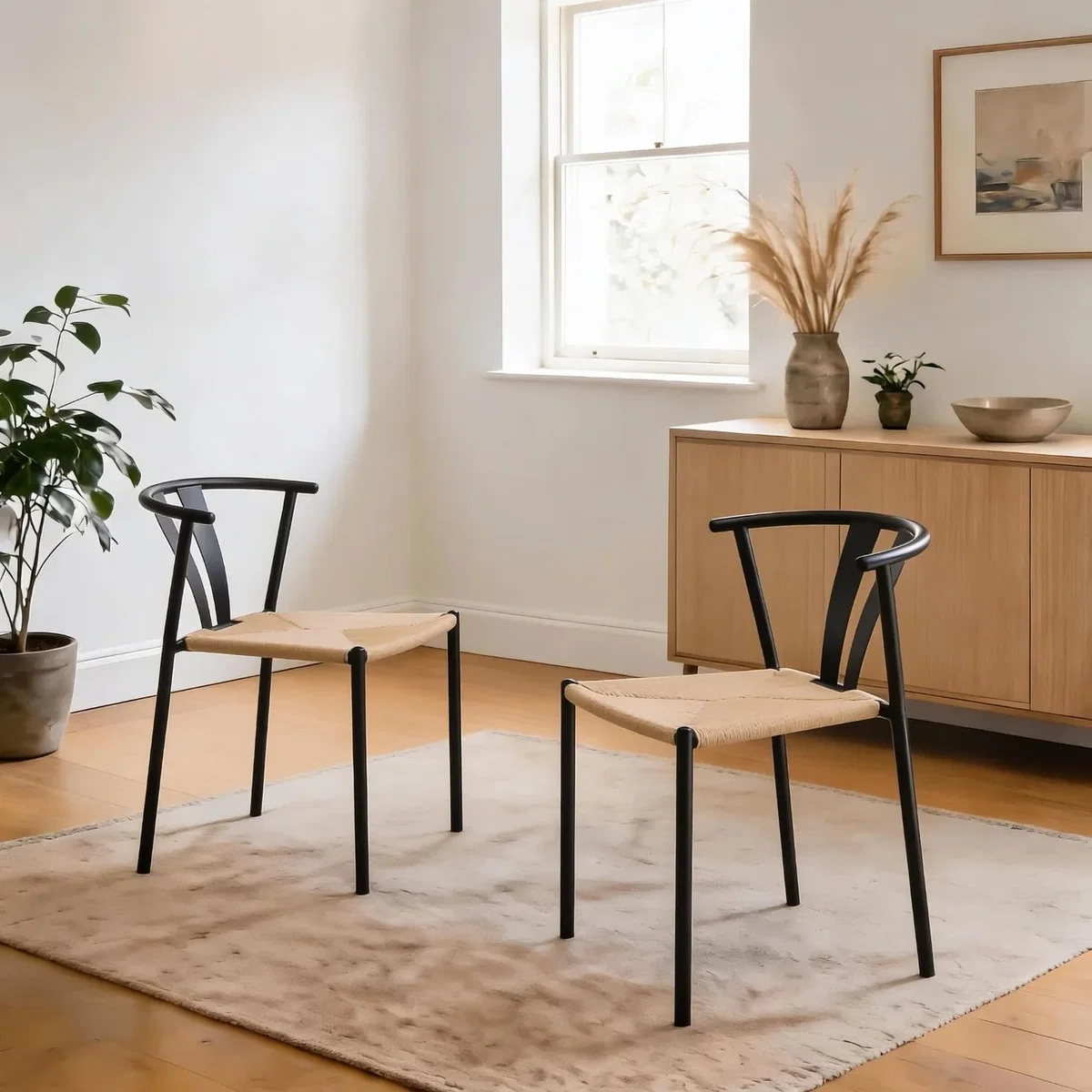 Eira Metal Cross Pedestal Round Dining Table with Black Metal Chairs - Black & Natural – image 4