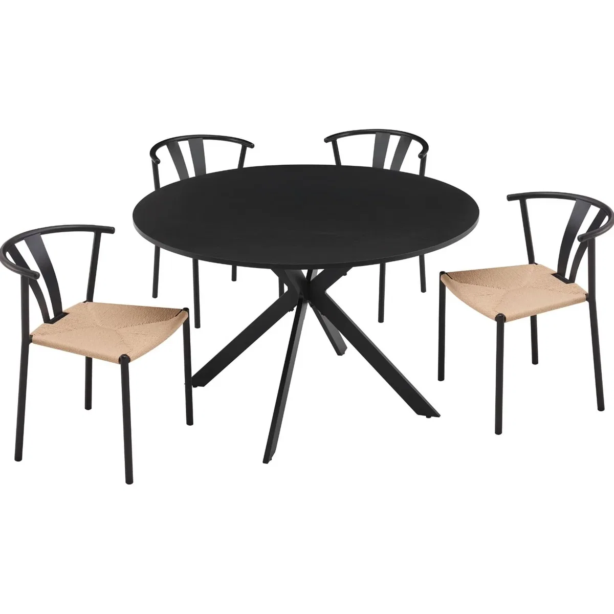 Eira Metal Cross Pedestal Round Dining Table with Black Metal Chairs - Black & Natural – image 8