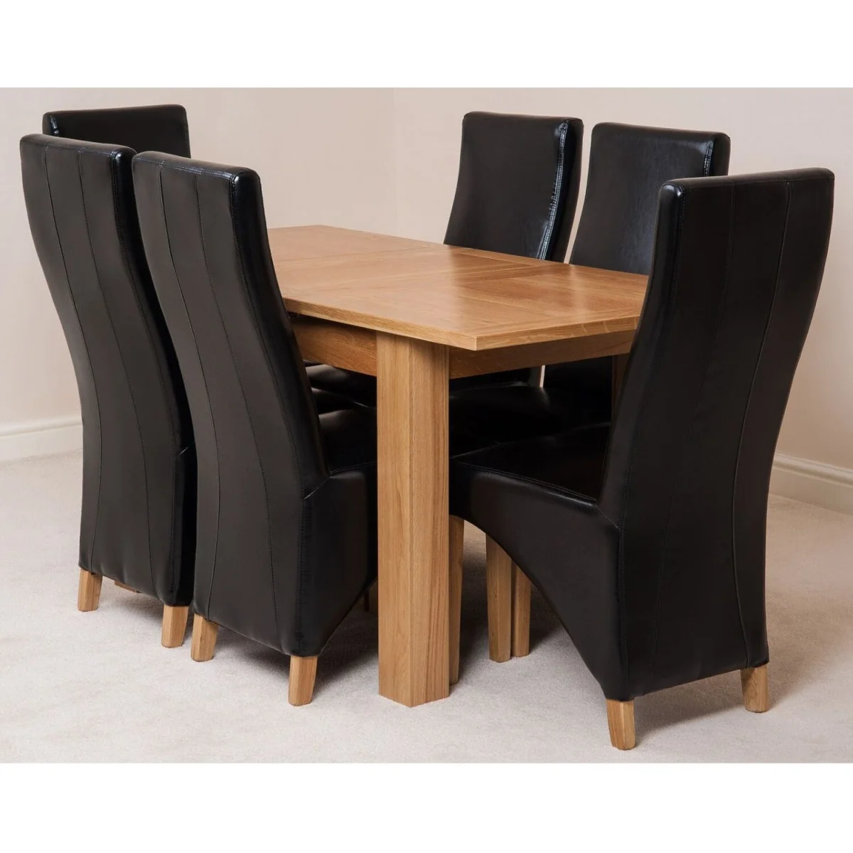 Hampton 120-160cm Oak Extending Dining Table and 6 Lola Leather Chairs - Black – image 34
